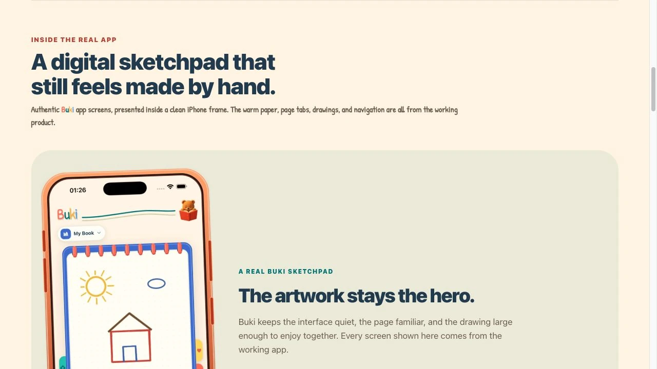 Buki website explaining sketchpad browsing with authentic app images