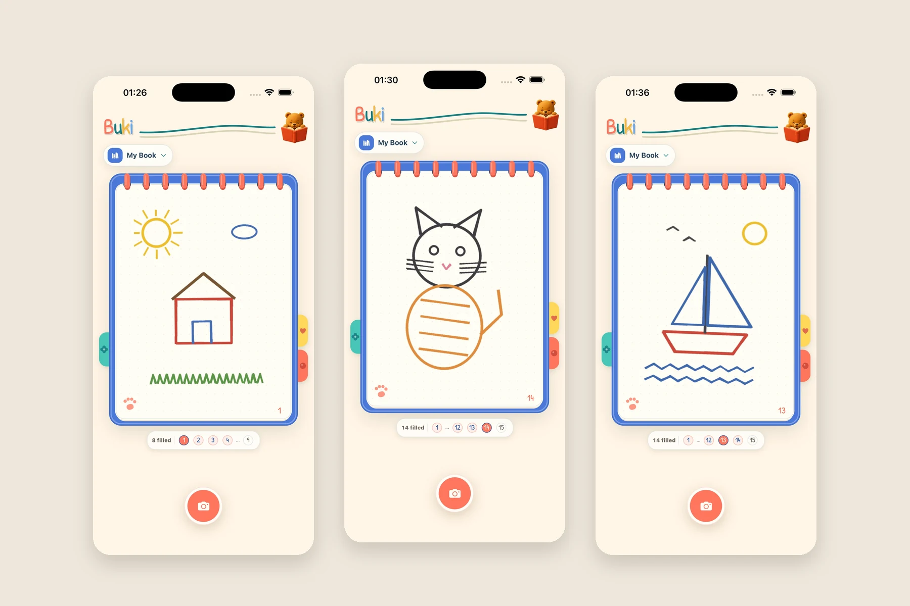 Buki — Buki sketchpad displaying a house drawing, Buki sketchpad displaying a cat drawing, Buki sketchpad displaying a sailboat drawing