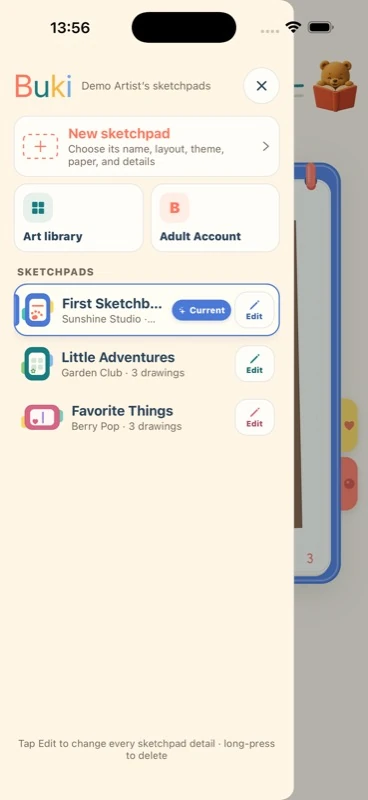 Buki drawer showing a demo child’s sketchpads and the art library