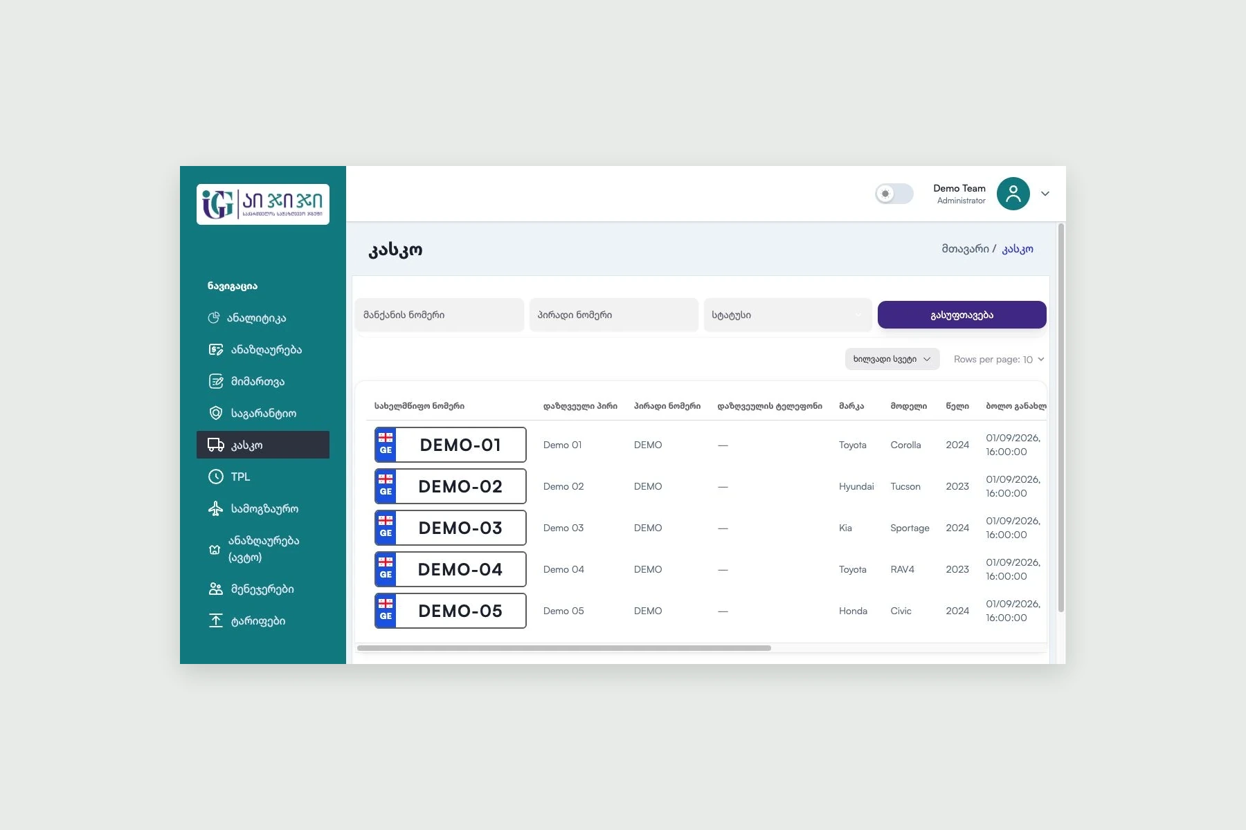 IGG operations dashboard with demonstration car-insurance records