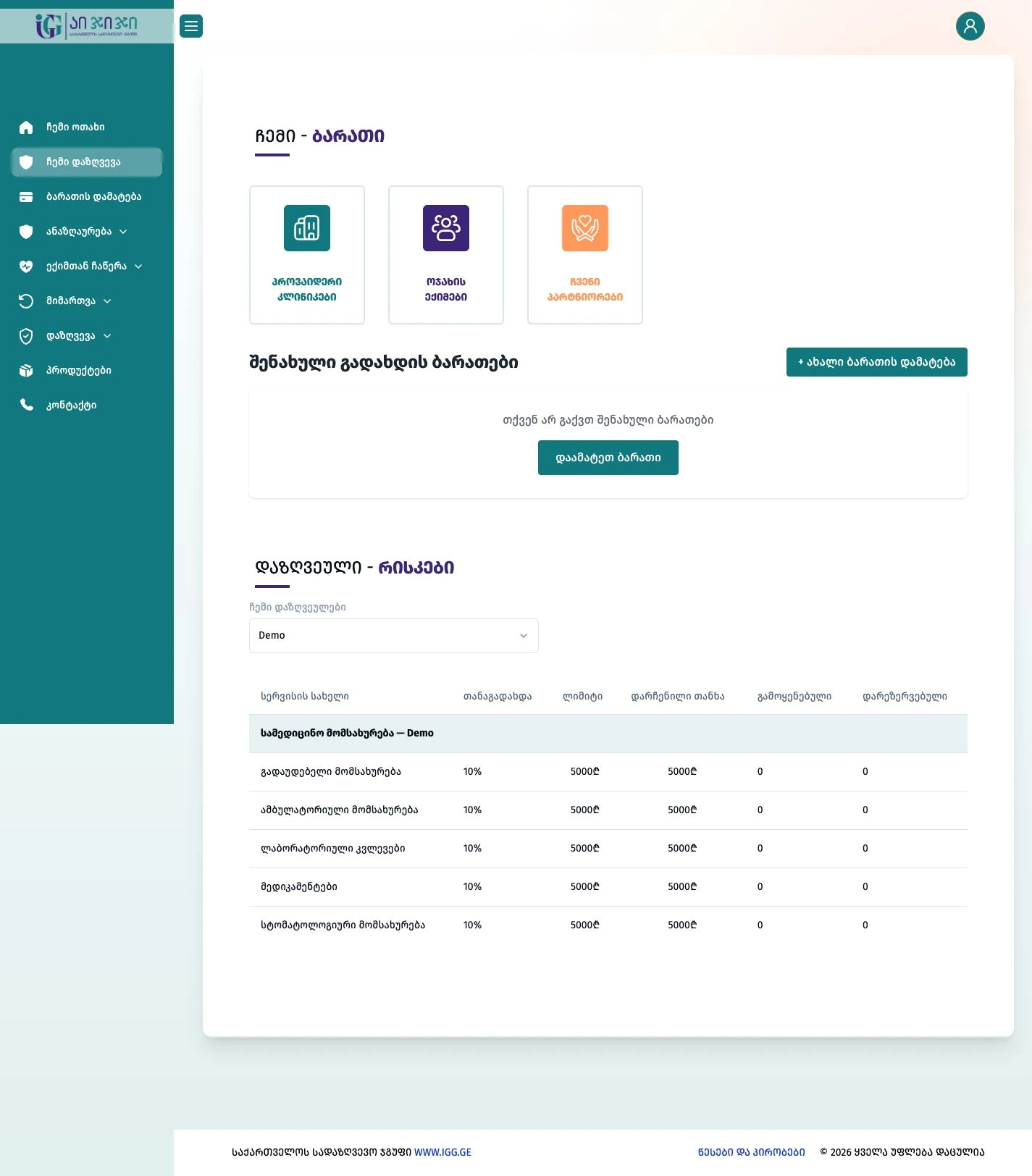 IGG customer portal coverage table with demonstration policy data