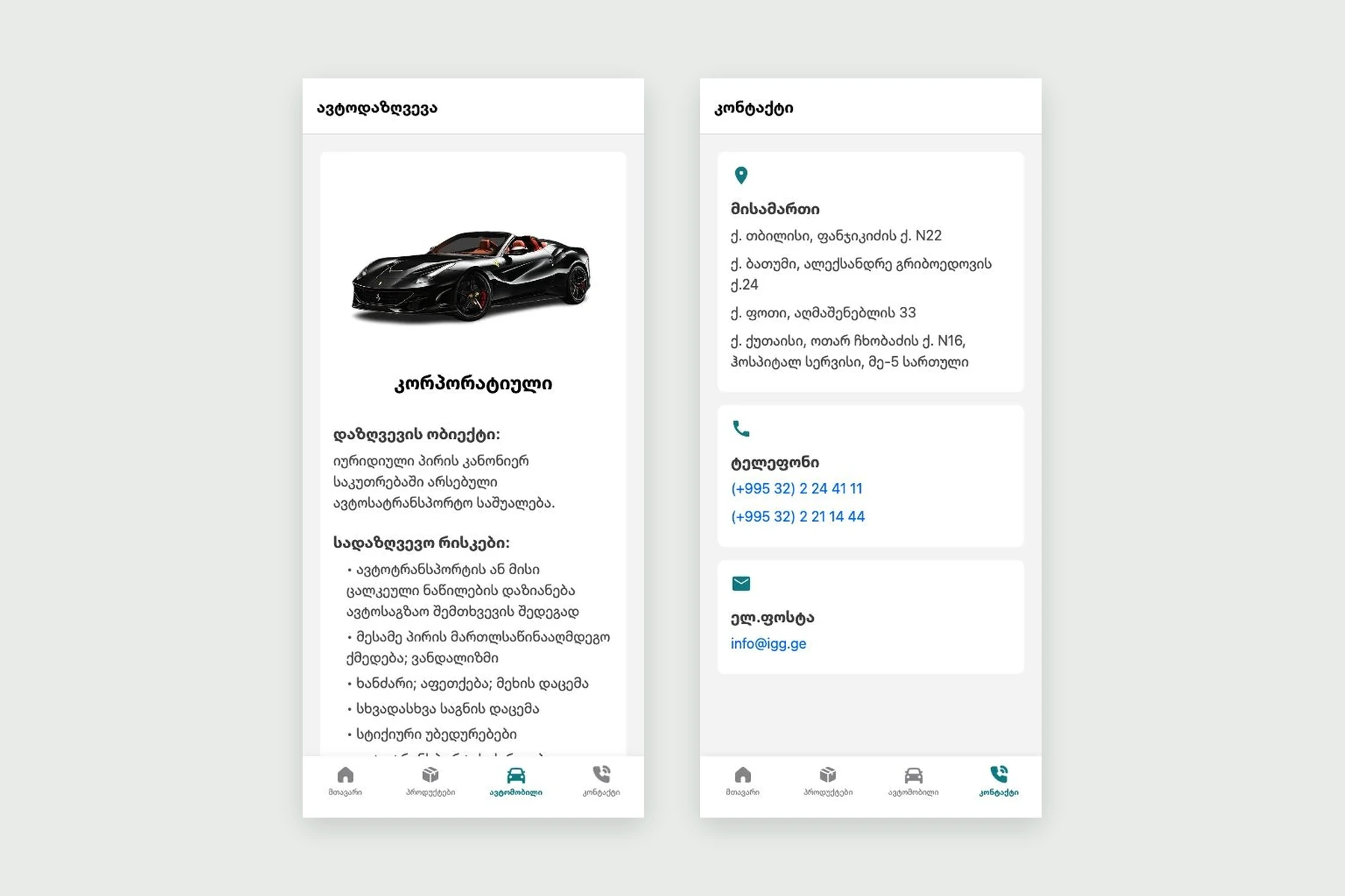 IGG companion mobile app car-insurance interface, rendered from original app source for the web
