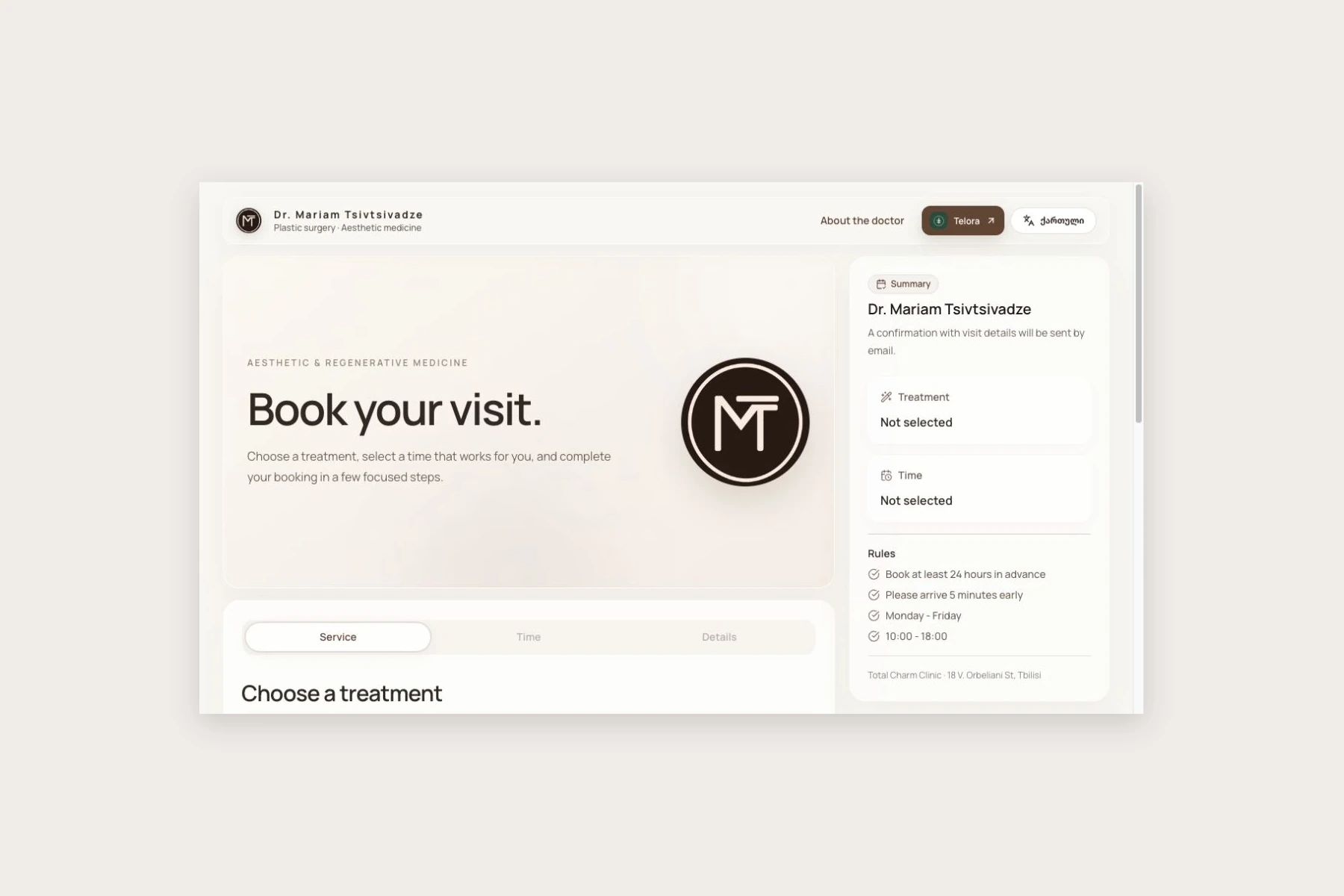 Dr. Mariam clinic booking website with procedure selection and blank booking summary