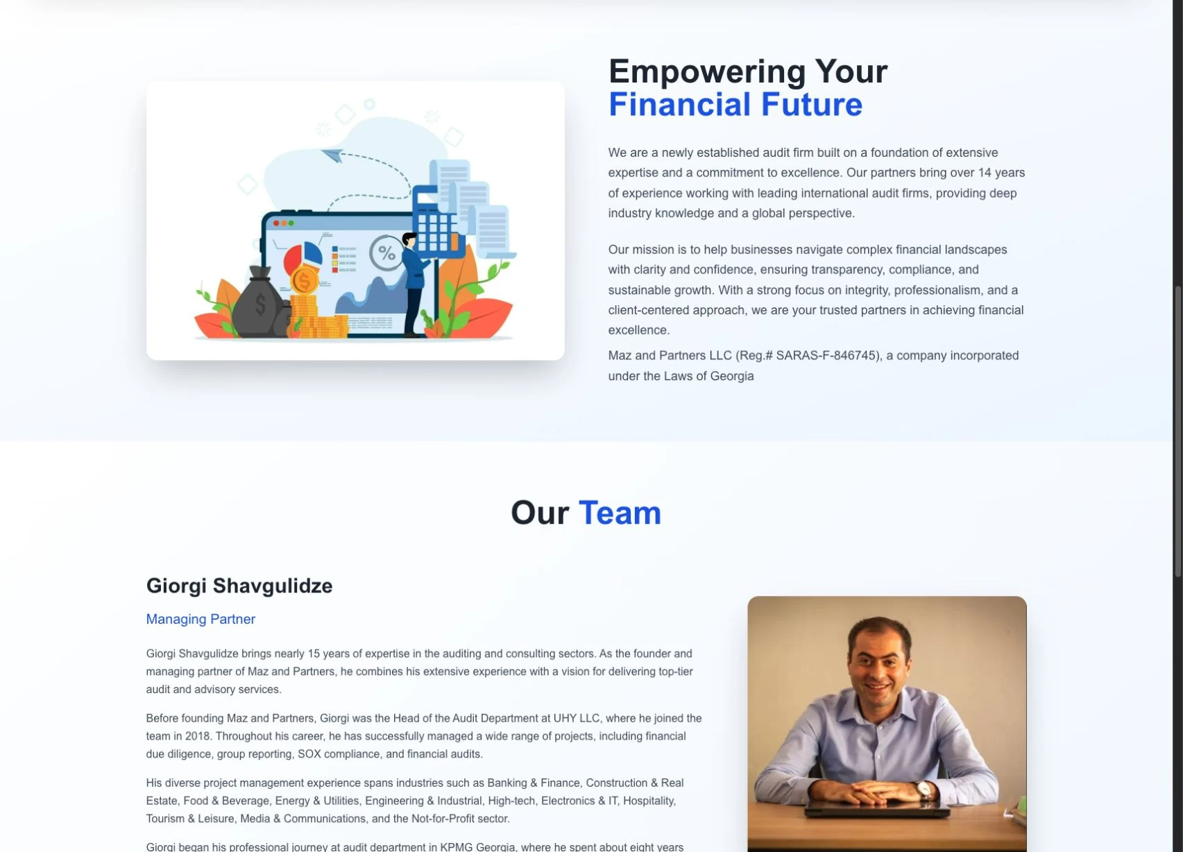 MAZ and Partners — Company introduction and start of team section
