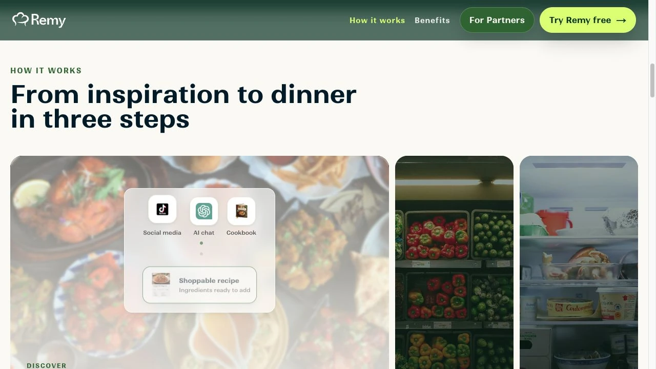 Remy consumer website presenting its app workflow and product benefits