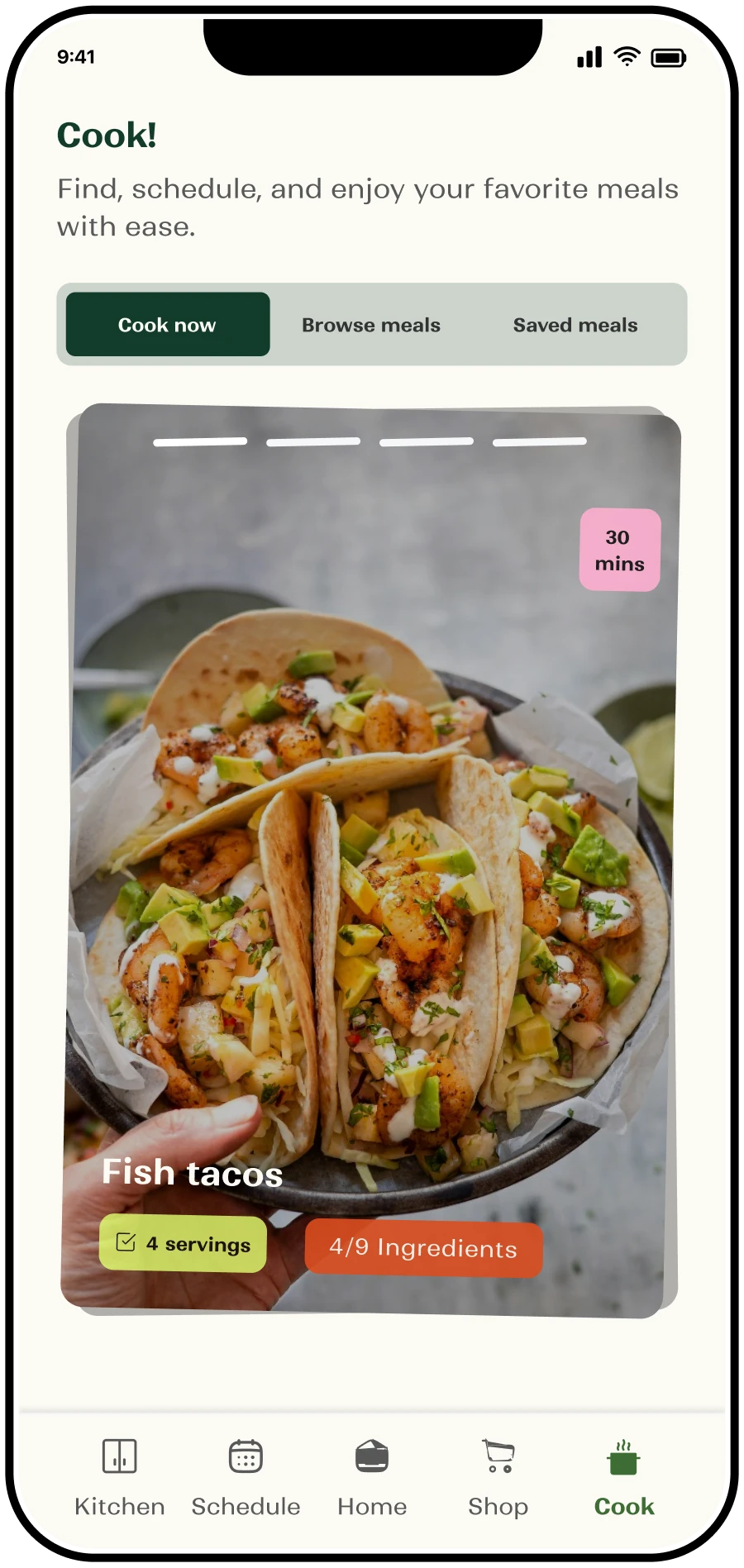 Remy recipe discovery screen with a fish taco recipe