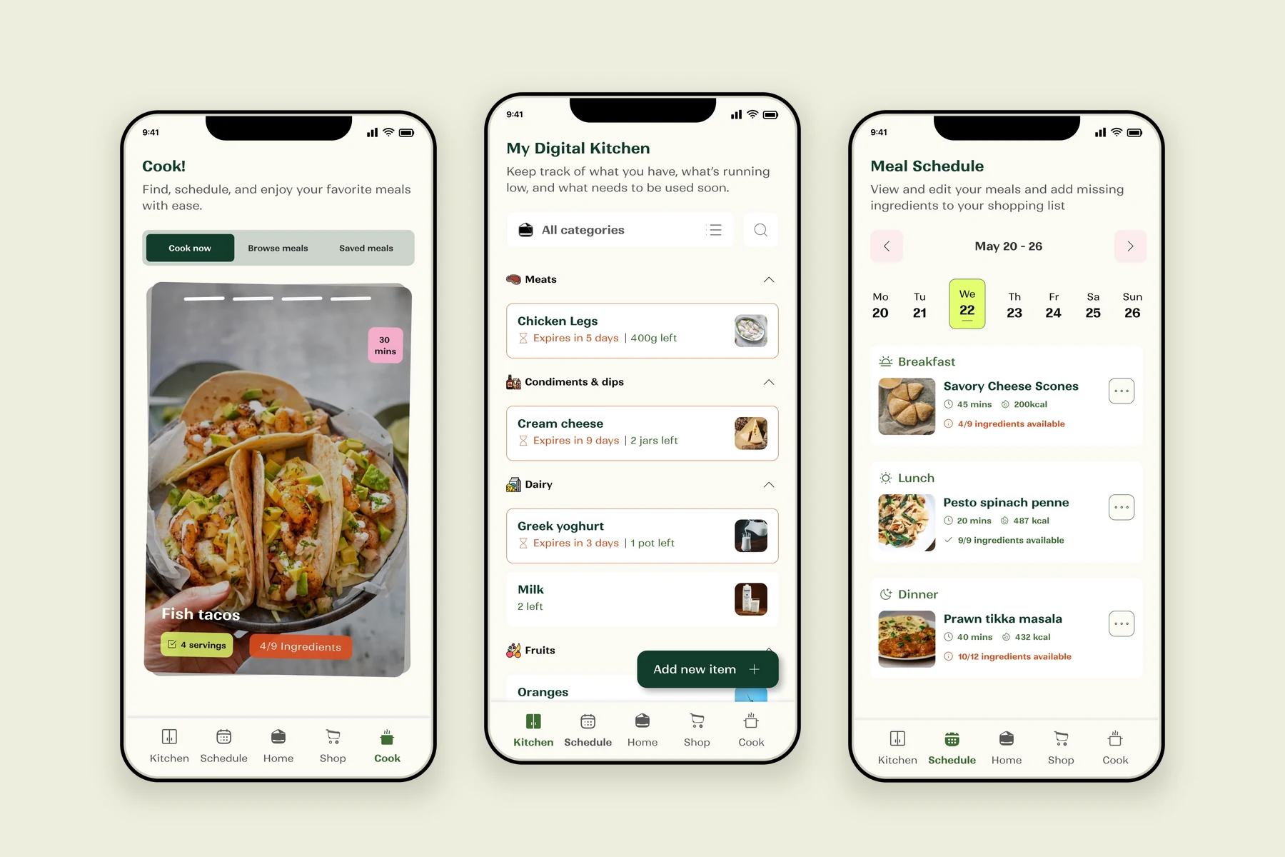 Remy — Remy recipe discovery screen with a fish taco recipe, Remy digital kitchen with categorized ingredients and expiry information, Remy meal schedule with breakfast, lunch, and dinner cards