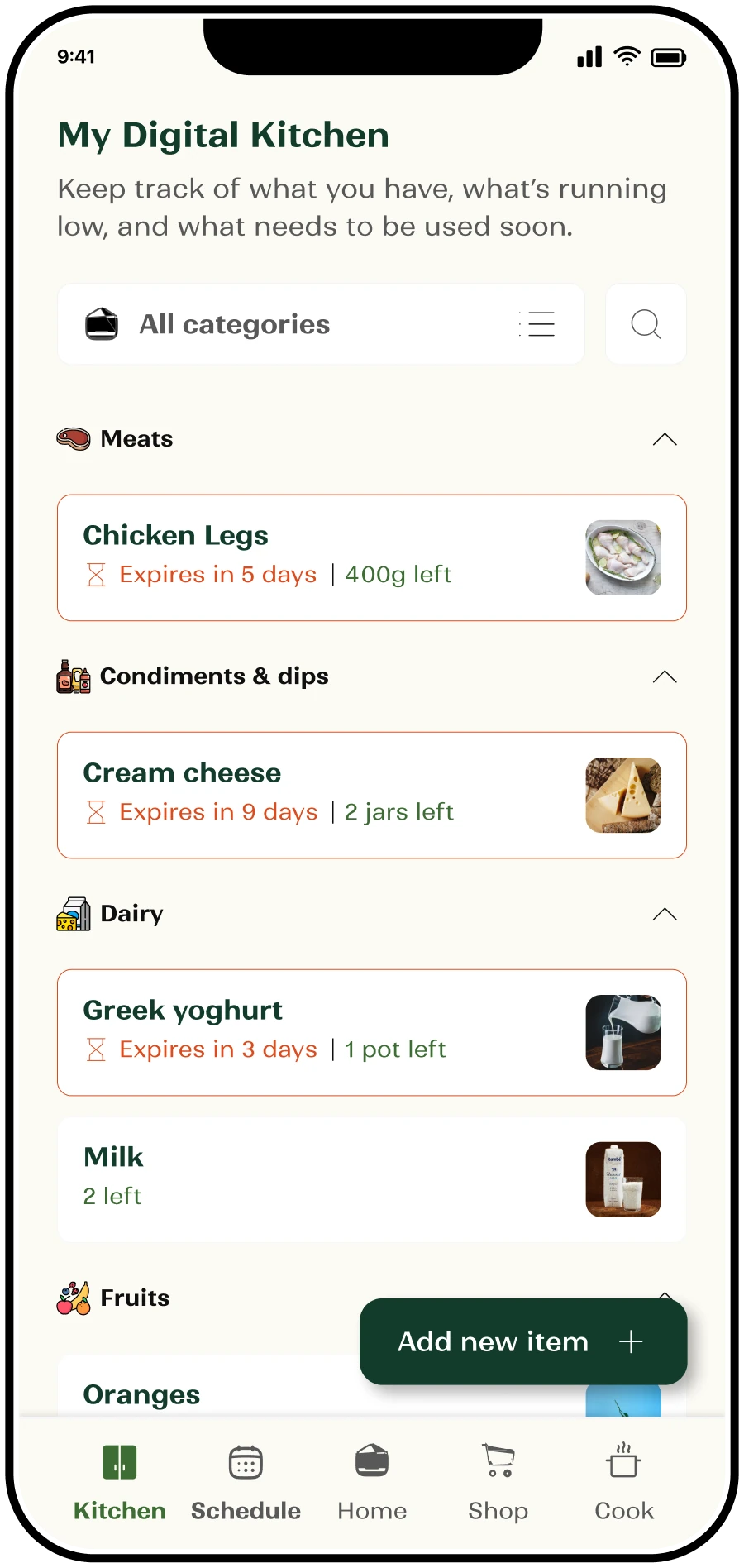 Remy digital kitchen with categorized ingredients and expiry information