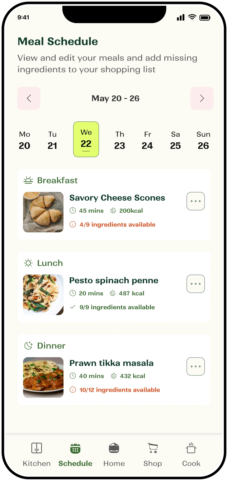 Remy meal schedule with breakfast, lunch, and dinner cards