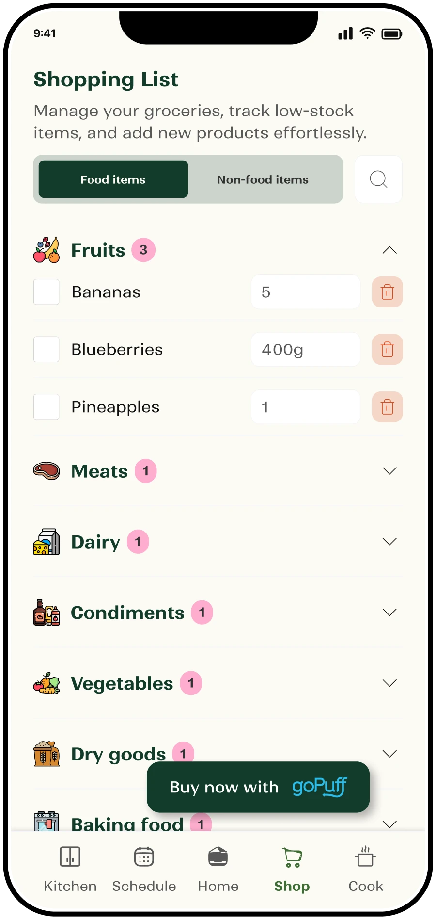 Remy categorized grocery shopping list