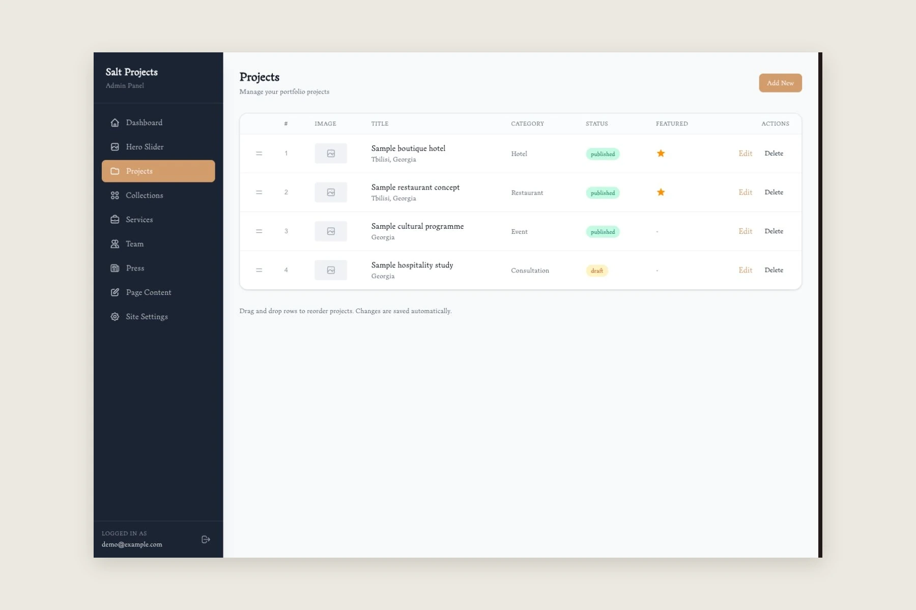 Salt Projects content management interface with sample project records
