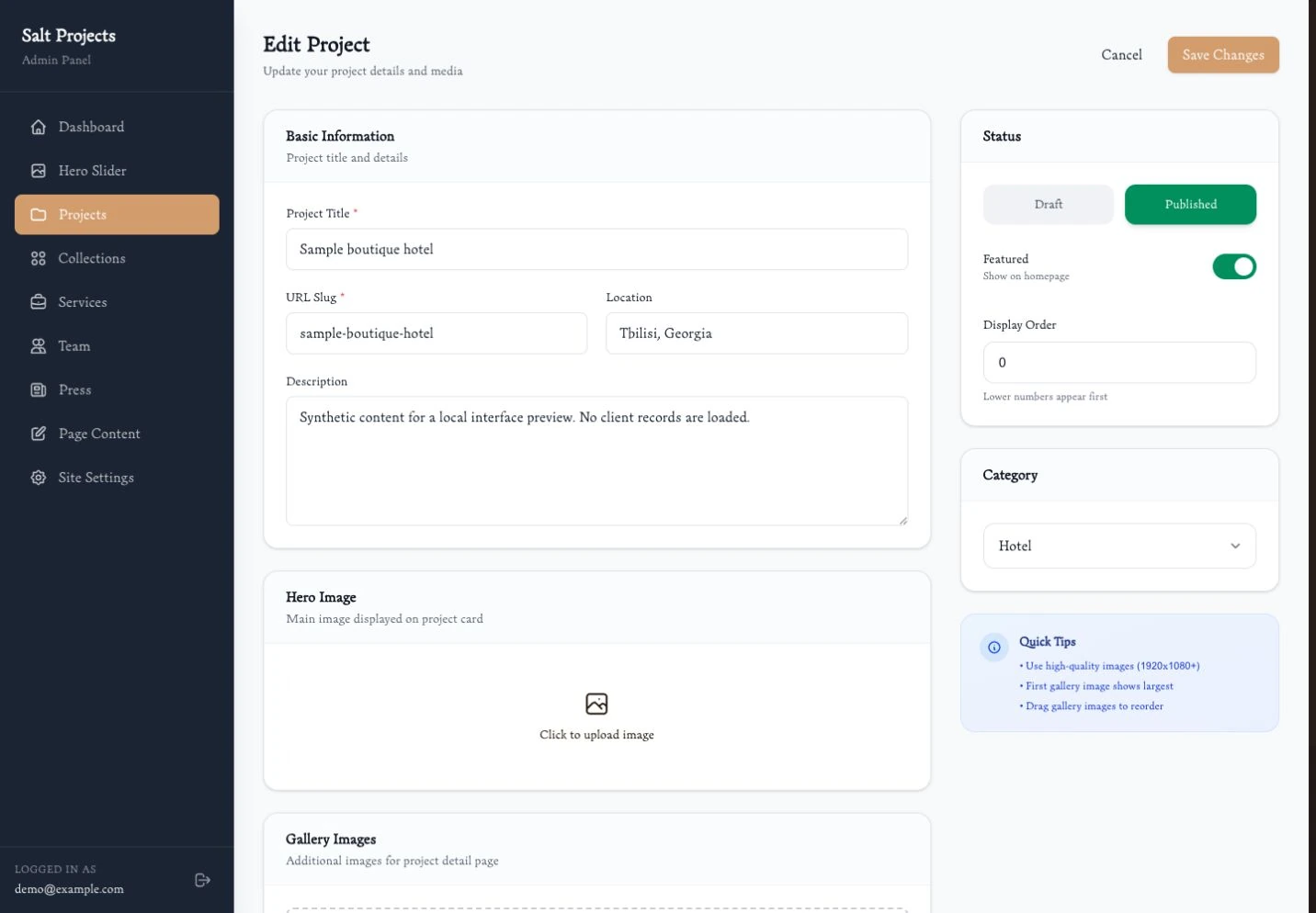 Salt Projects CMS editor for project details, publishing and gallery content, shown with sample content