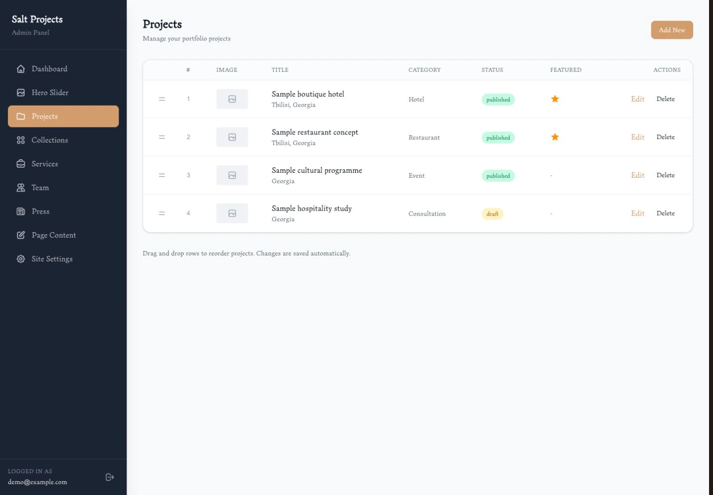 Salt Projects content management interface with sample project records