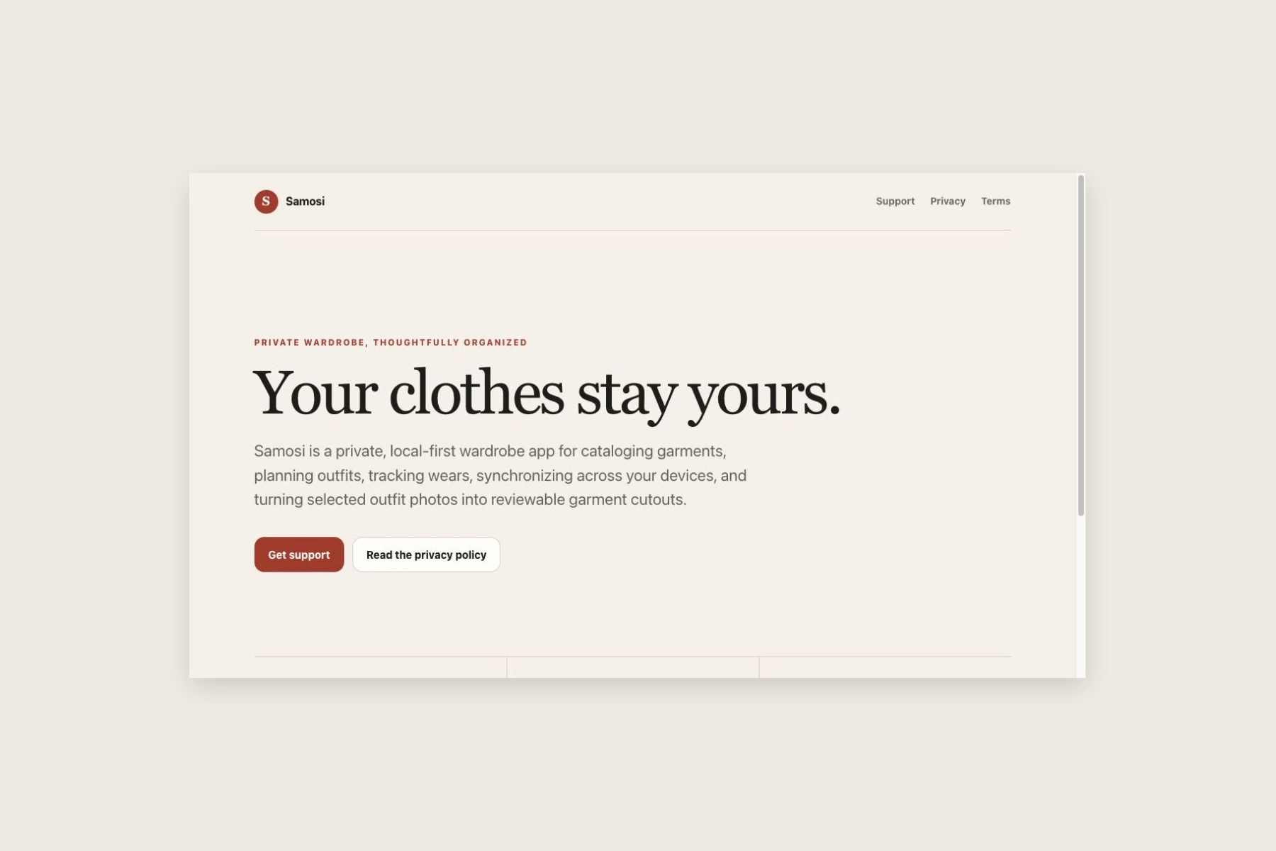 Original Samosi support website introducing the wardrobe app, rendered from source