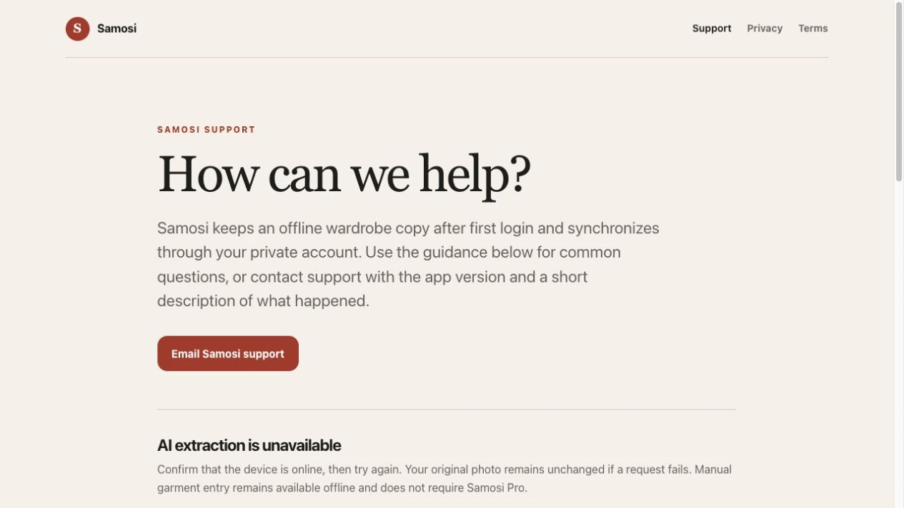 Original Samosi support page with product help and purchase restoration guidance