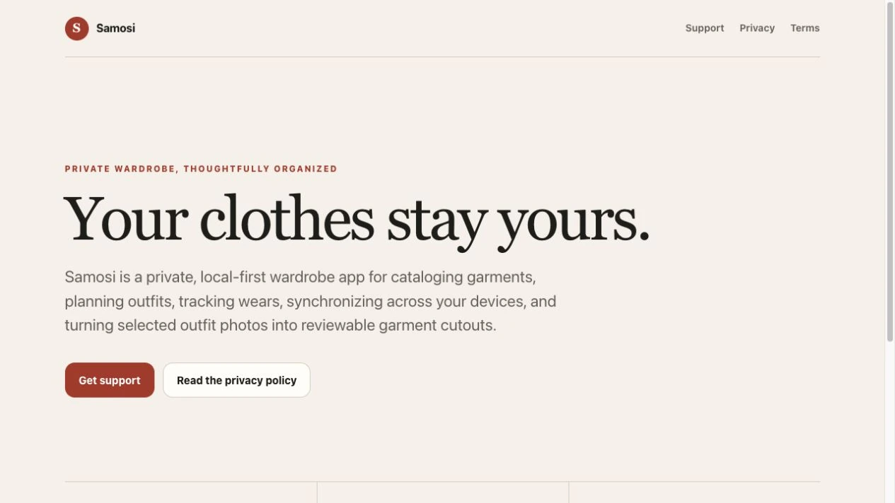 Original Samosi support website introducing the wardrobe app, rendered from source