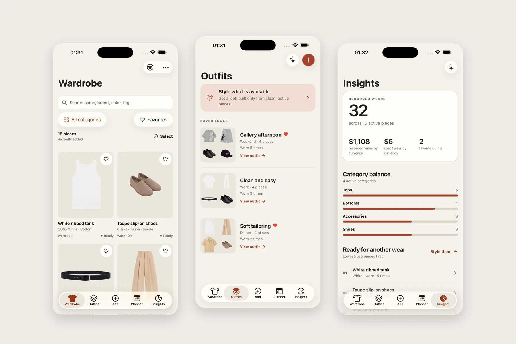 Samosi — Samosi wardrobe showing garment photographs and category controls, Samosi saved outfits with clothing previews and wear history, Samosi wardrobe insights showing wear history and category balance