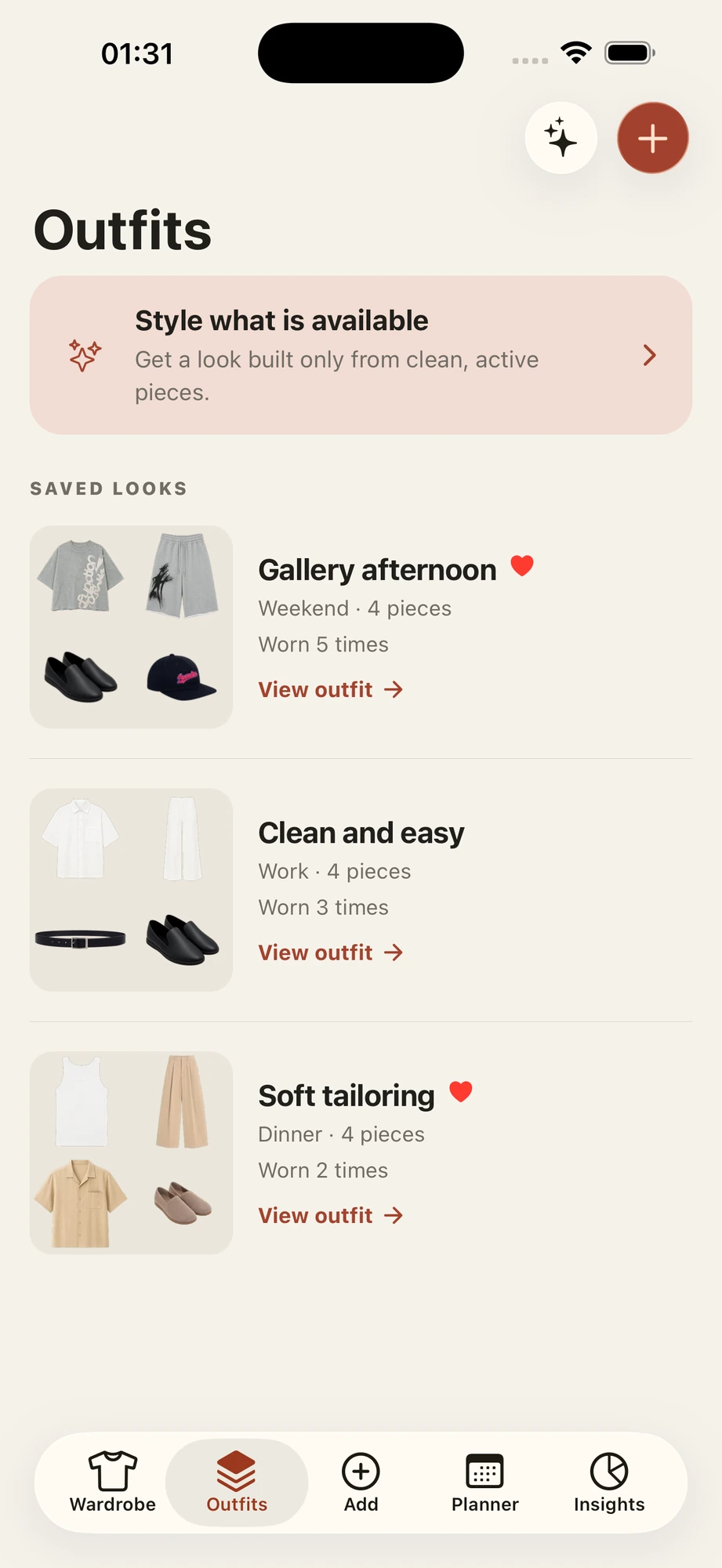 Samosi saved outfits with clothing previews and wear history