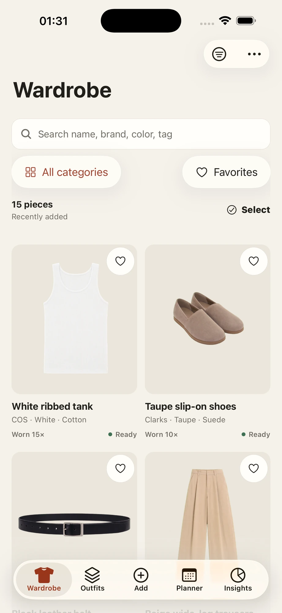 Samosi wardrobe showing garment photographs and category controls