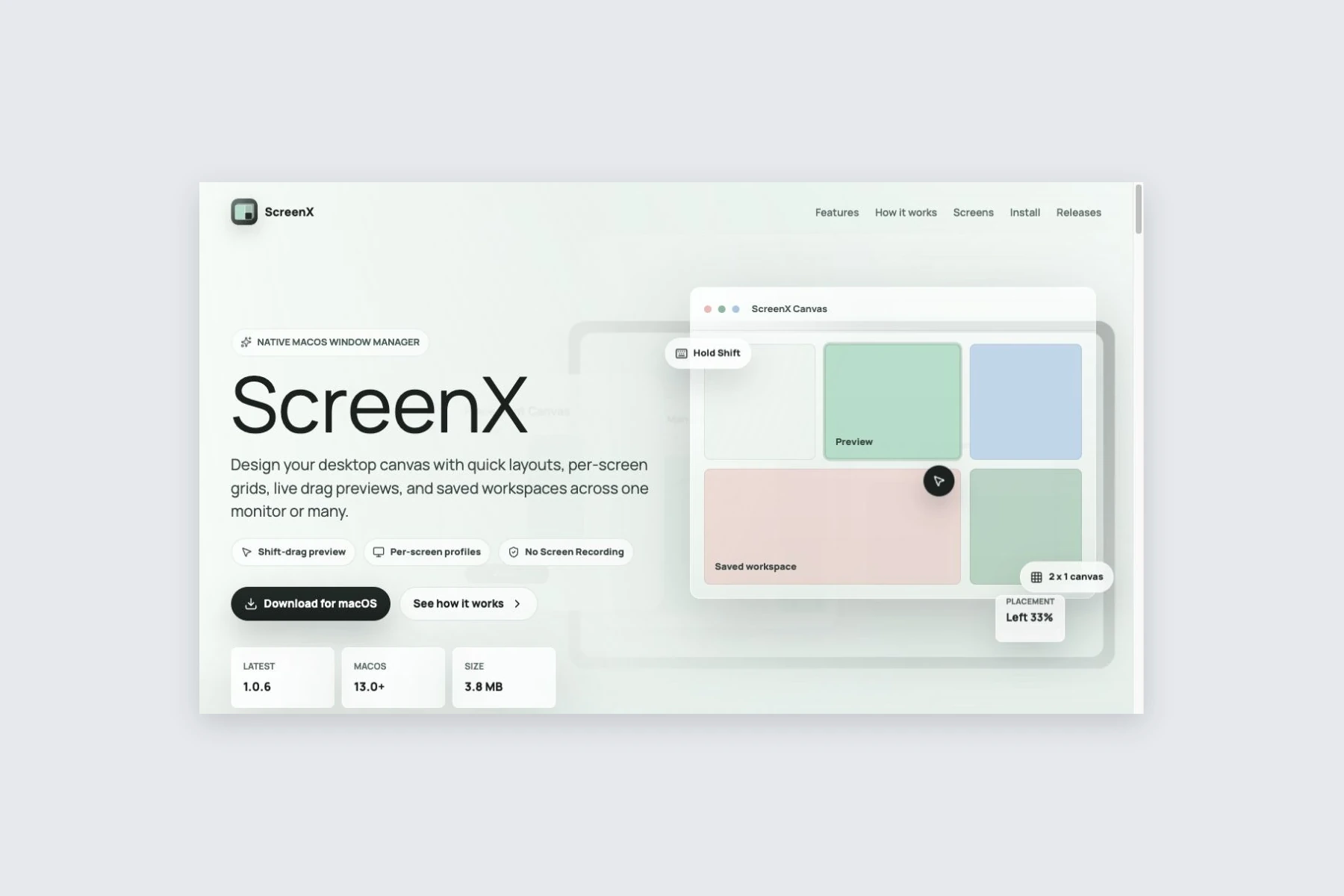 ScreenX product website introducing the window manager and download