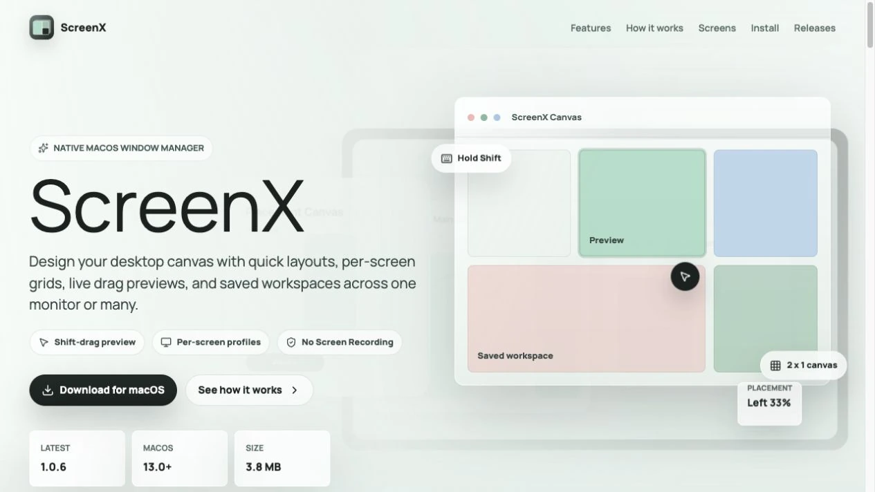 ScreenX product website introducing the window manager and download