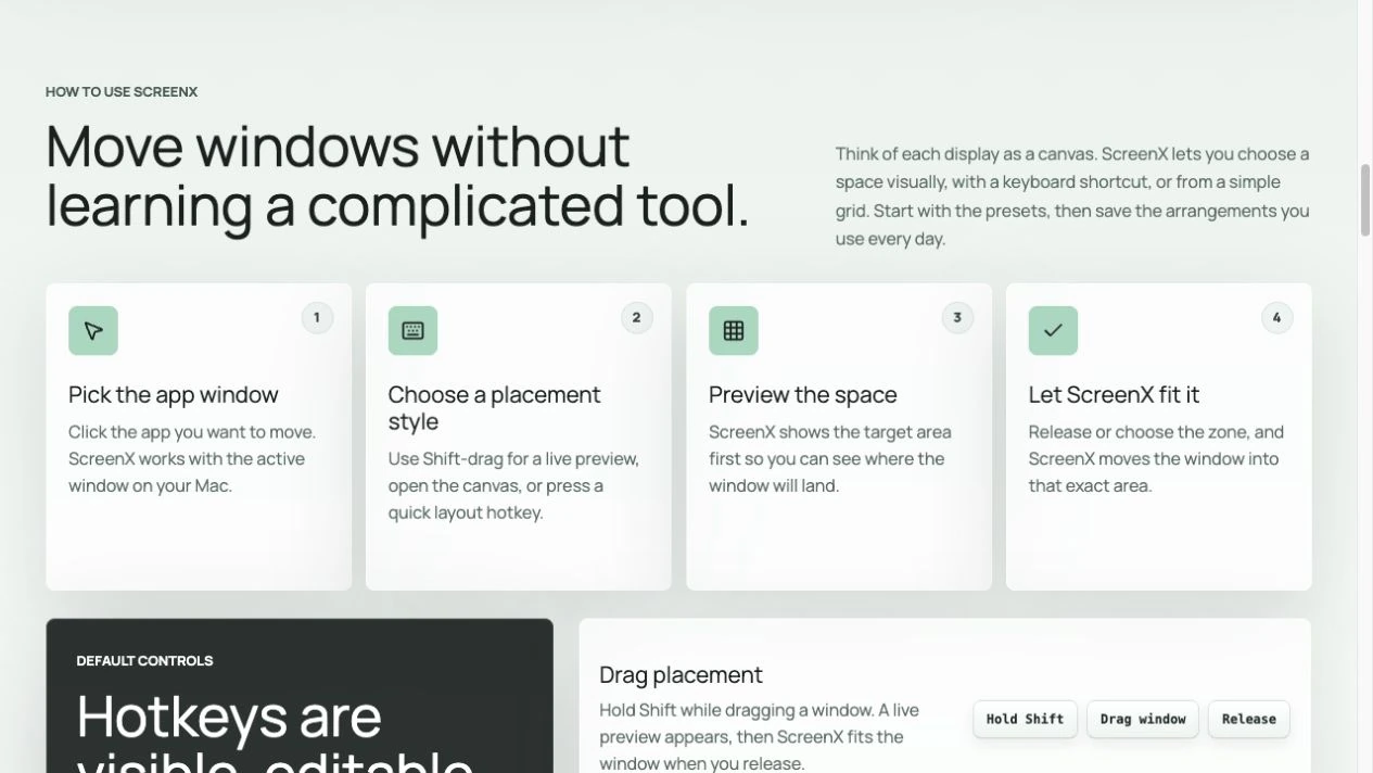 ScreenX website explaining window placement and keyboard controls