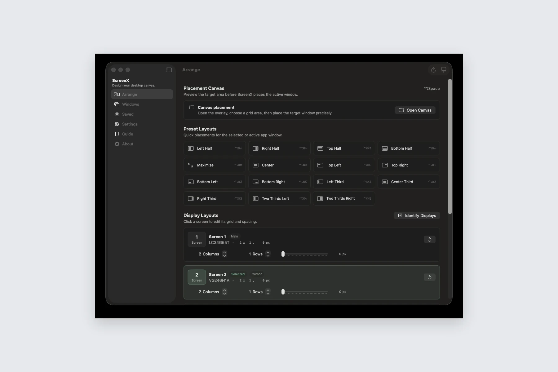 ScreenX product screens showing Placement presets and per-display layout controls