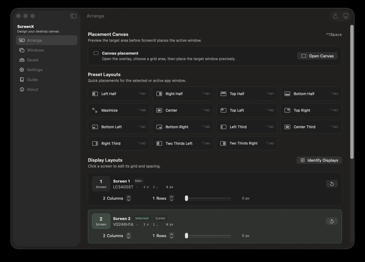 ScreenX — Placement presets and per-display layout controls