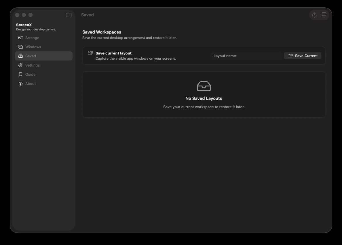 ScreenX — Saved workspace interface and empty state