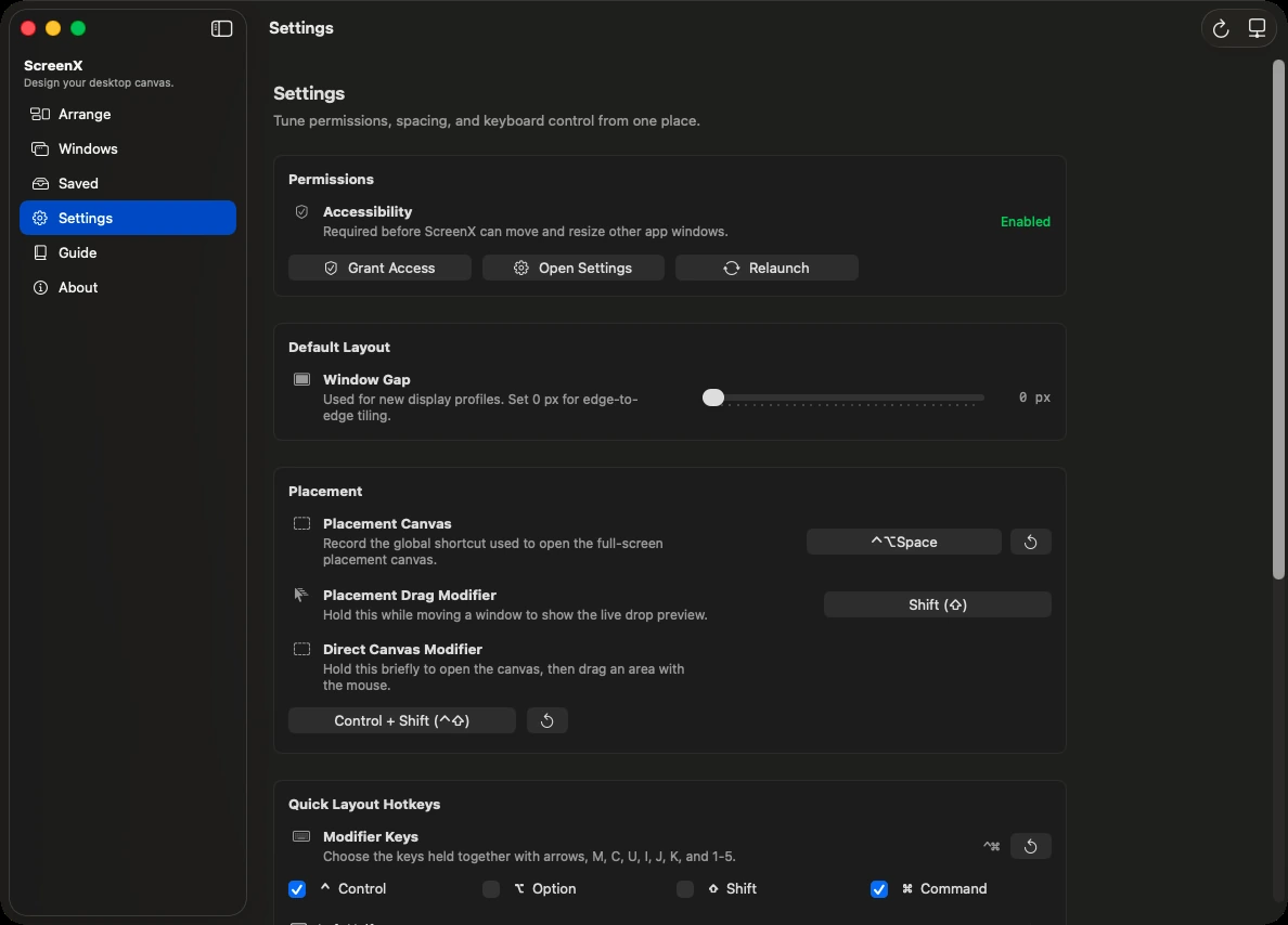ScreenX — Native permissions, gaps, and shortcut settings