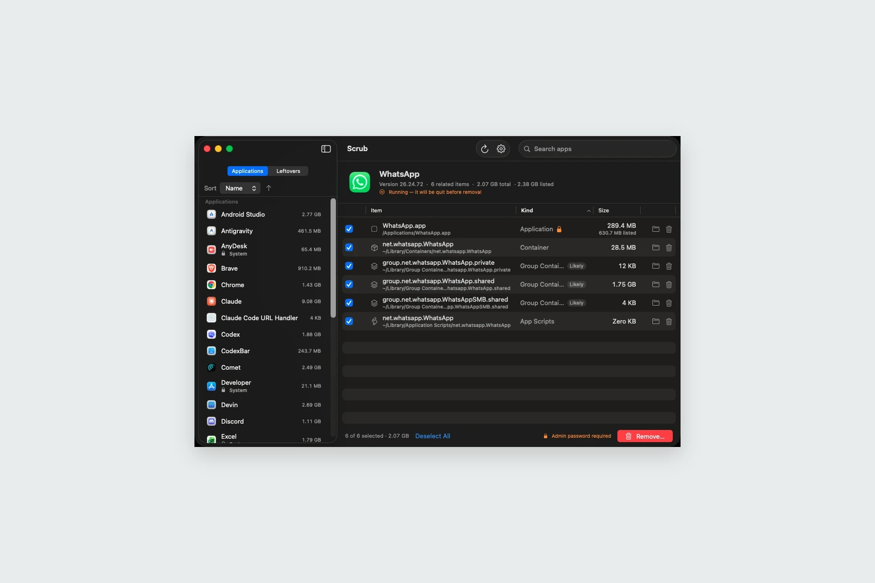 Scrub product screens showing Review an application and its associated files
