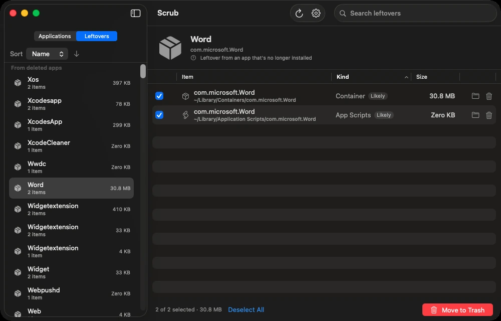 Scrub — Review leftovers from an already removed application