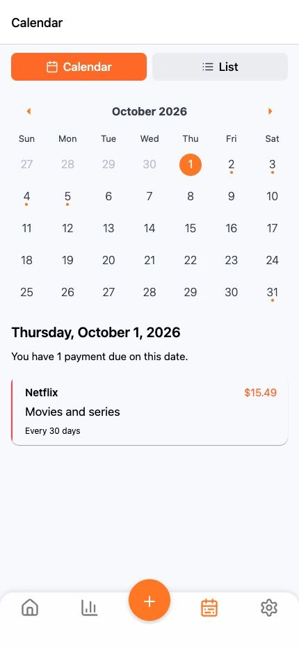SubSavvy — Payment calendar with a selected subscription renewal