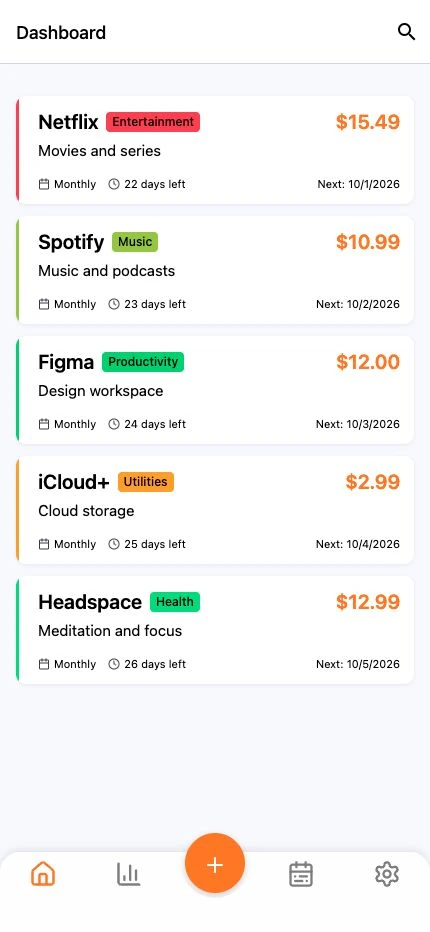 SubSavvy — Subscription list with prices, categories, intervals, and next payment dates