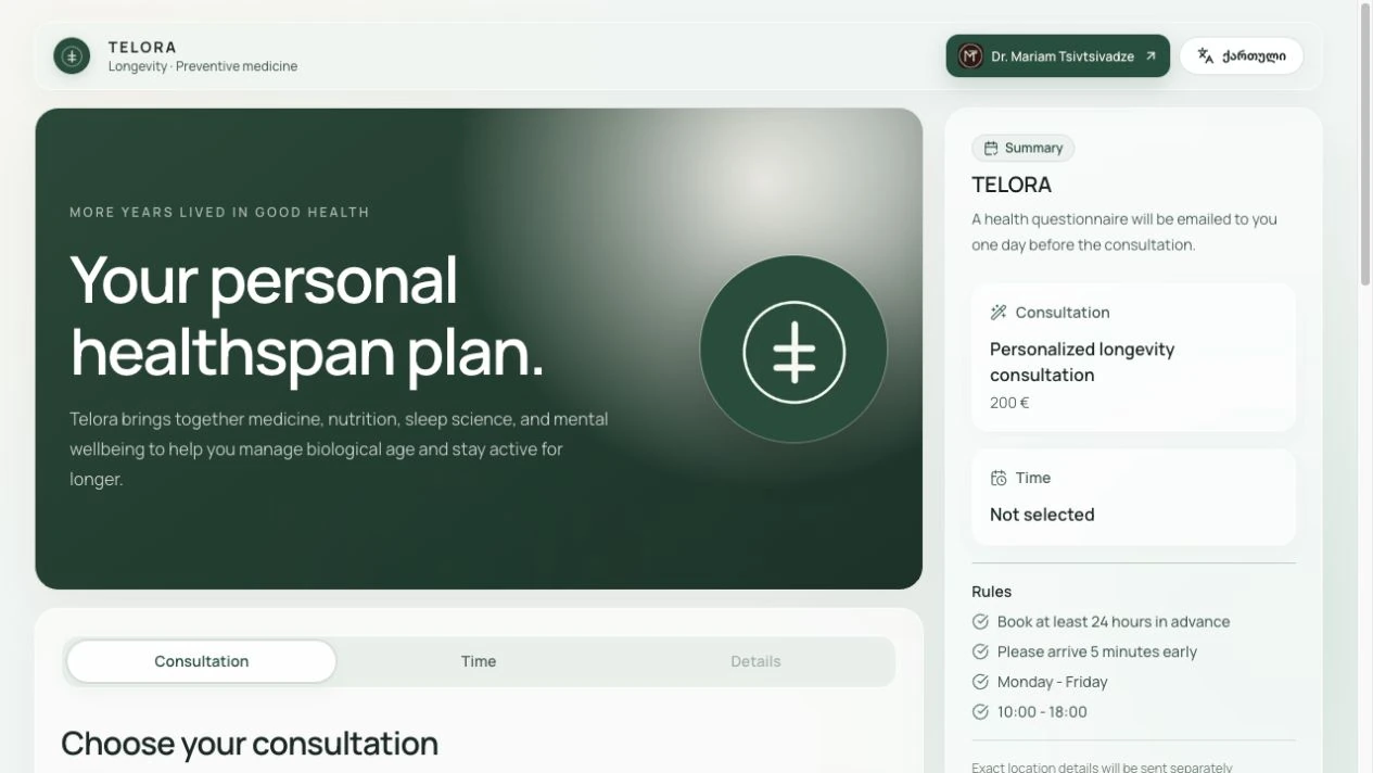 Telora longevity consultation website and service selection