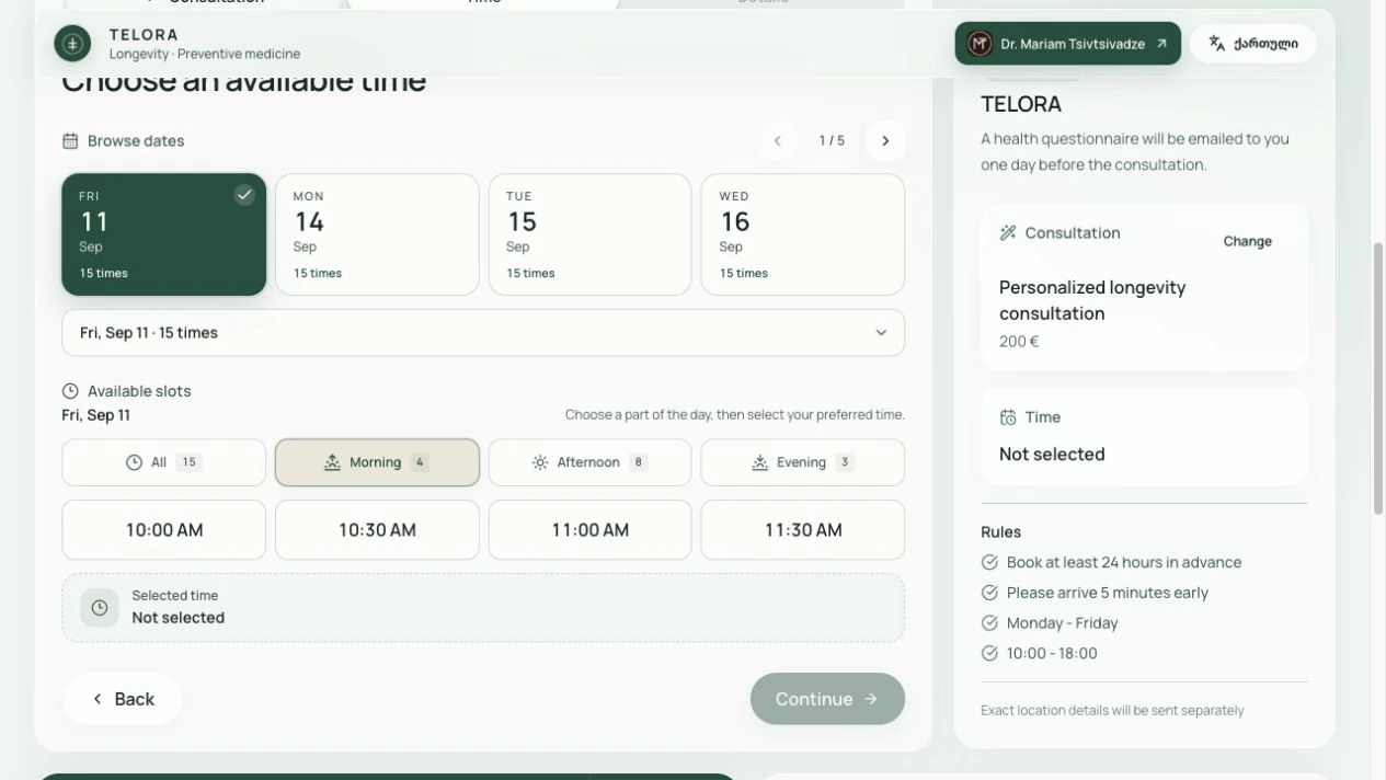 Telora booking interface for choosing consultation mode, date and time; no booking submitted