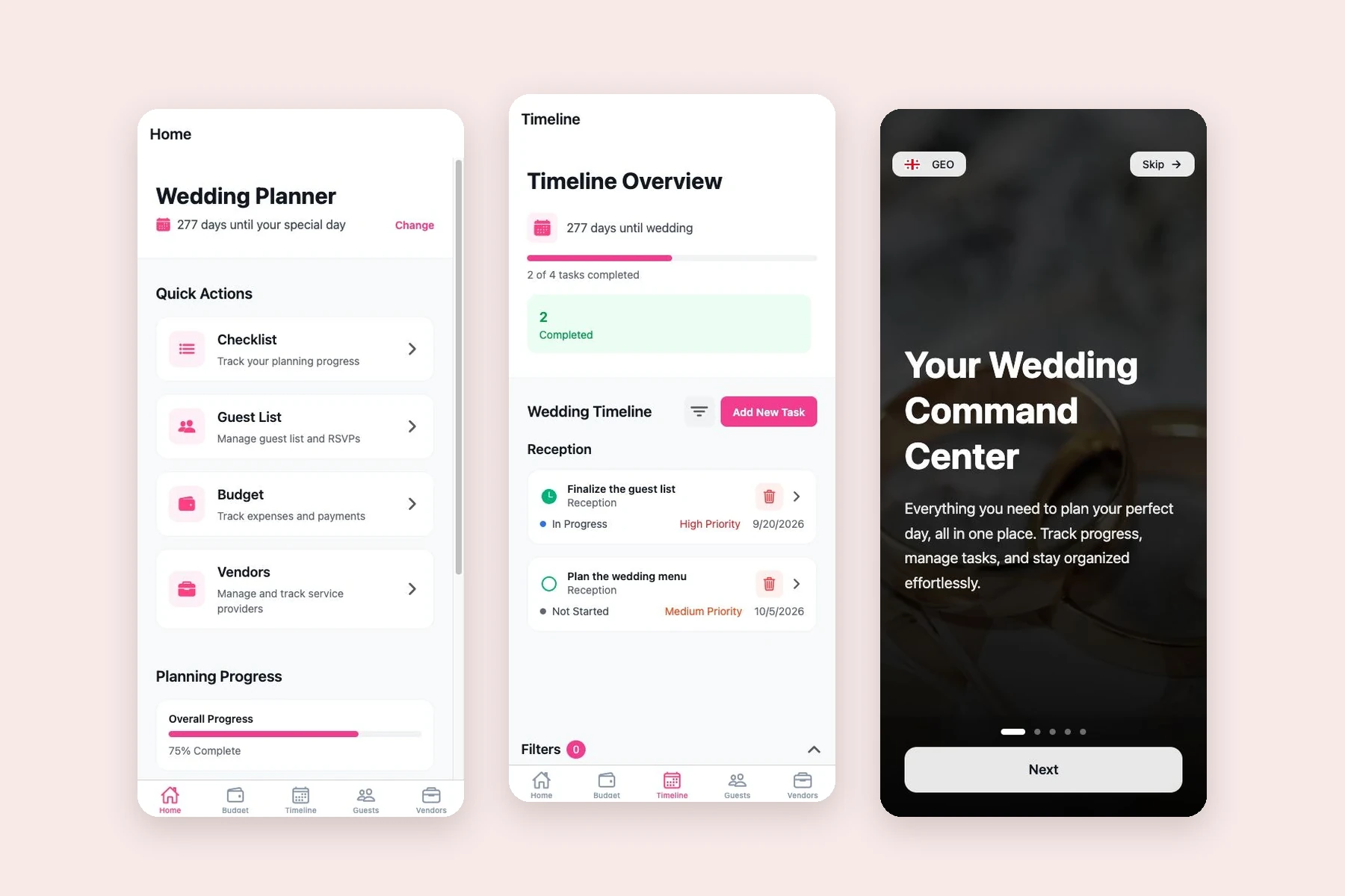 Wedding Planner Pro product screens showing Wedding countdown, quick actions, and planning progress, Task timeline with status, priority, due dates, and completion progress, Original Wedding Planner Pro onboarding