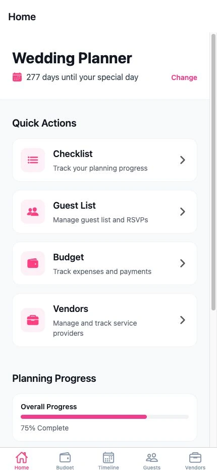 Wedding Planner Pro — Wedding countdown, quick actions, and planning progress