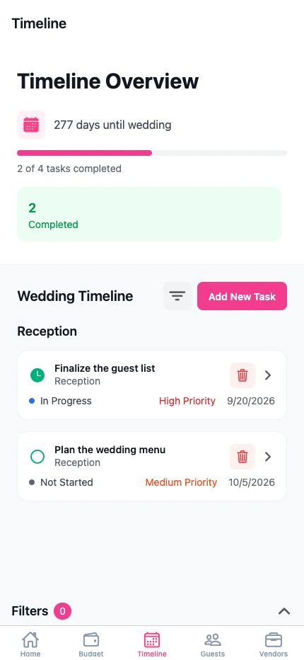 Wedding Planner Pro — Task timeline with status, priority, due dates, and completion progress
