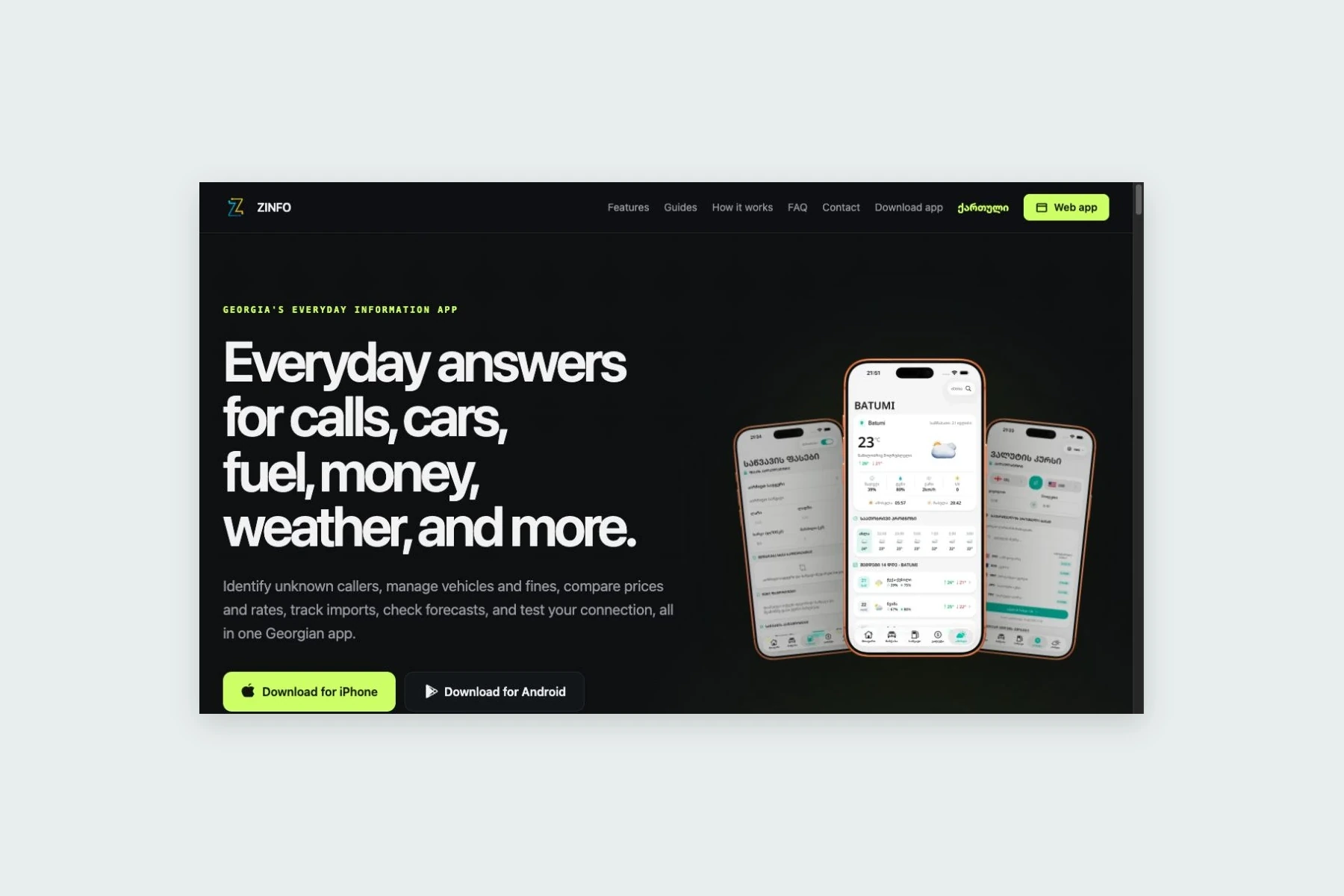Zinfo English product website introducing its mobile utilities