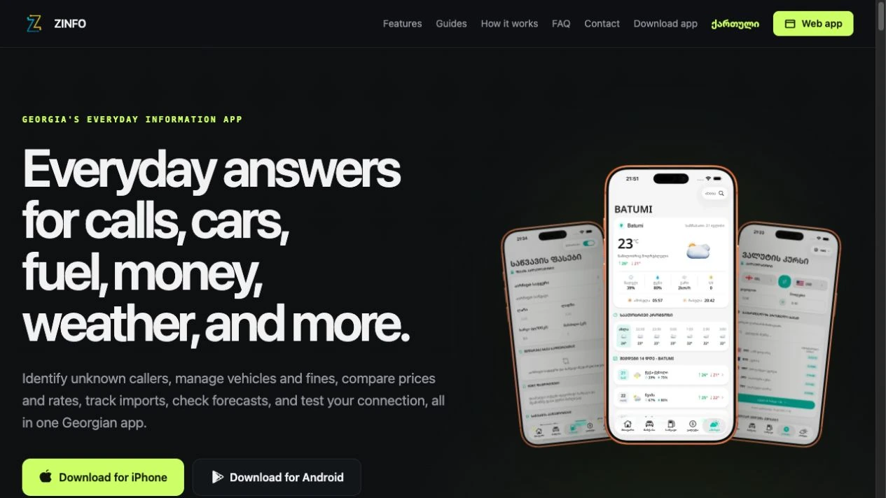 Zinfo English product website introducing its mobile utilities