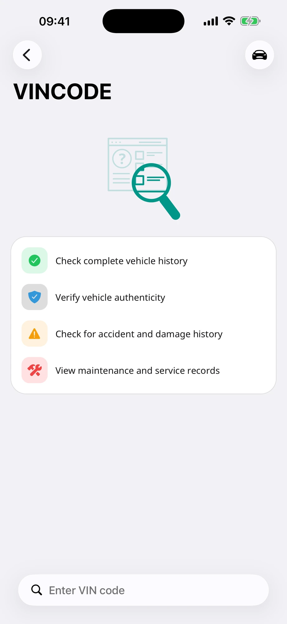 Zinfo VIN checker start screen describing available vehicle-history information