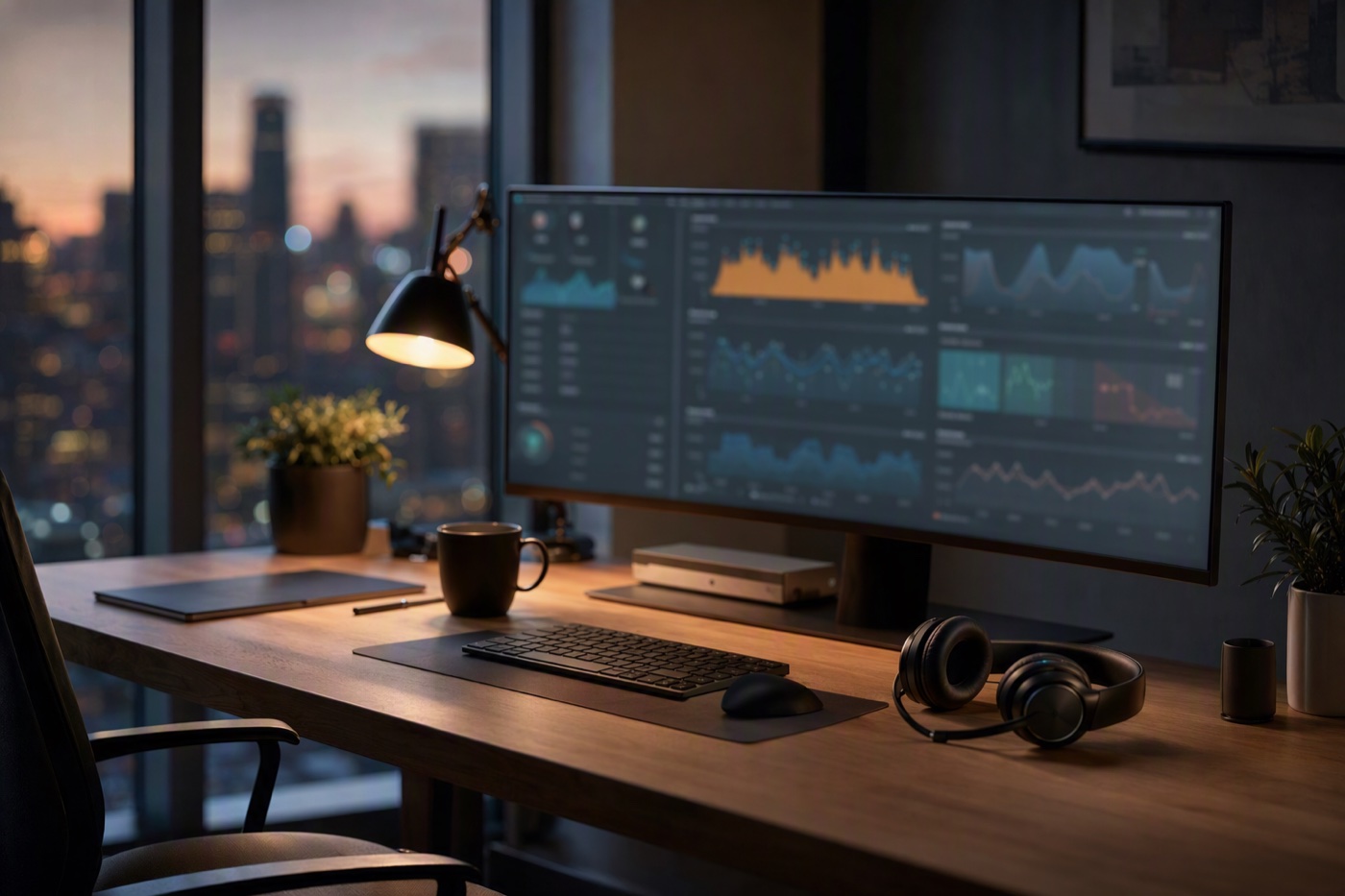 Monitoring workstation with system health dashboards at dusk